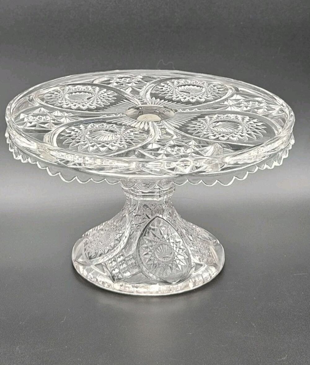 Vintage Clear Pressed Glass Cake Stand Pedestal Sawtooth Edge Starburst Pattern